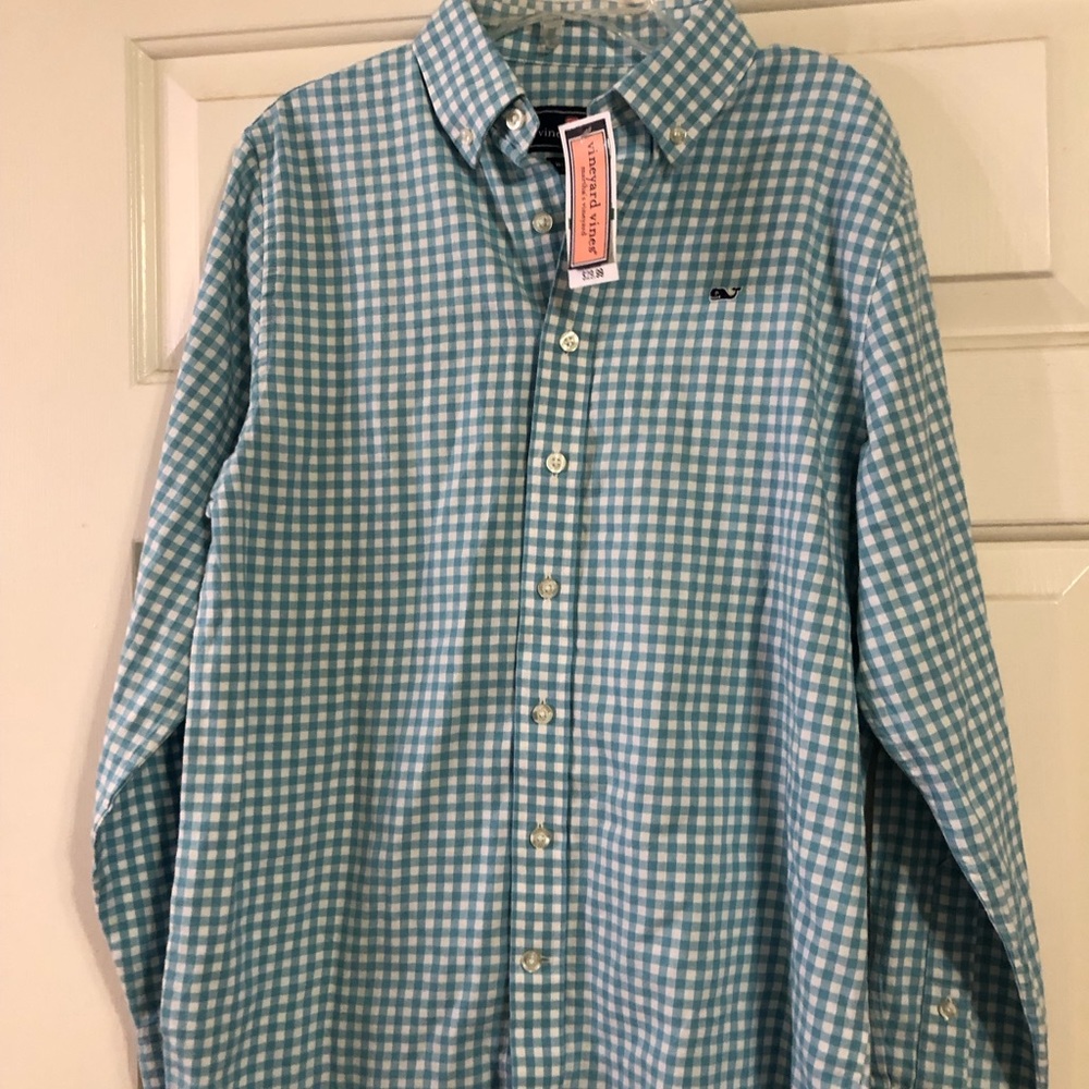 Vinyard Vines 100% cotton flannel whale shirt blue gingham size boys L (16) NWT